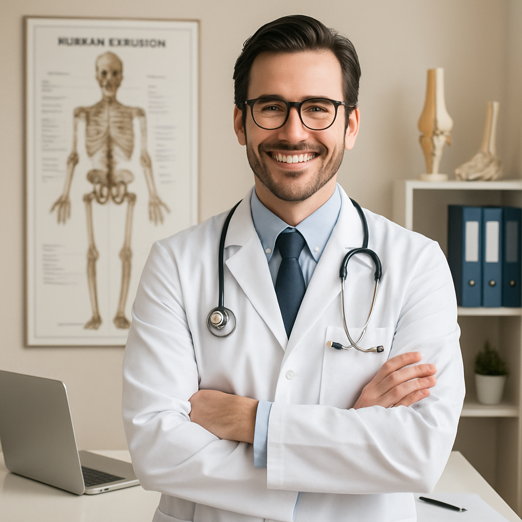An orthopedic doctor smiling in his consultancy room-1 An orthopedic doctor smiling in his consultancy room-1